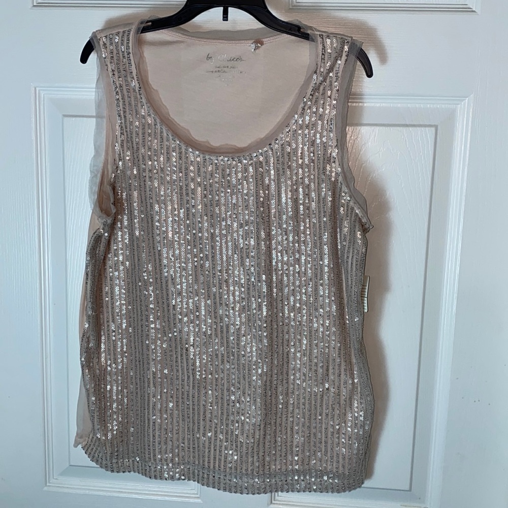 Chico’s Sequin Tank Top Round Neck Ruffle Detail around neck line and arm